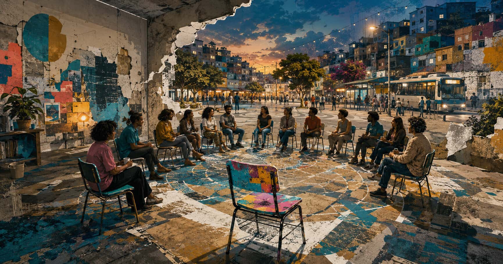Sala de educação popular aberta ao território, com uma cadeira vazia em primeiro plano e uma roda de aprendizagem ao fundo