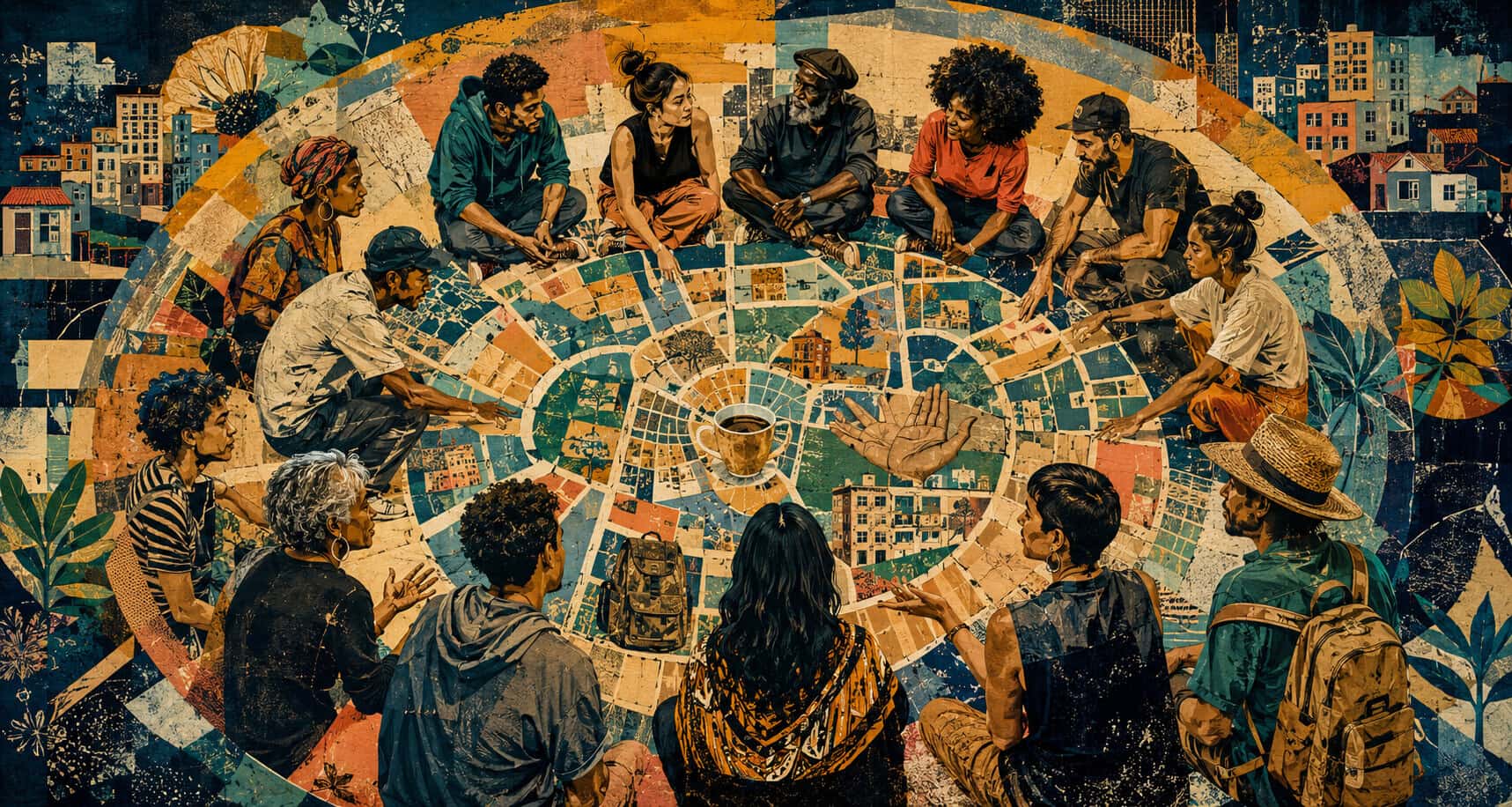 Roda de educação popular integrada a um mapa urbano, com comunidade, mochila, café e caminhos do território