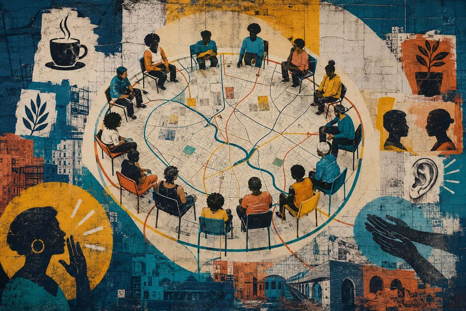 Roda de educação popular sobre um mapa urbano, cercada por símbolos de café, escuta, cuidado e território